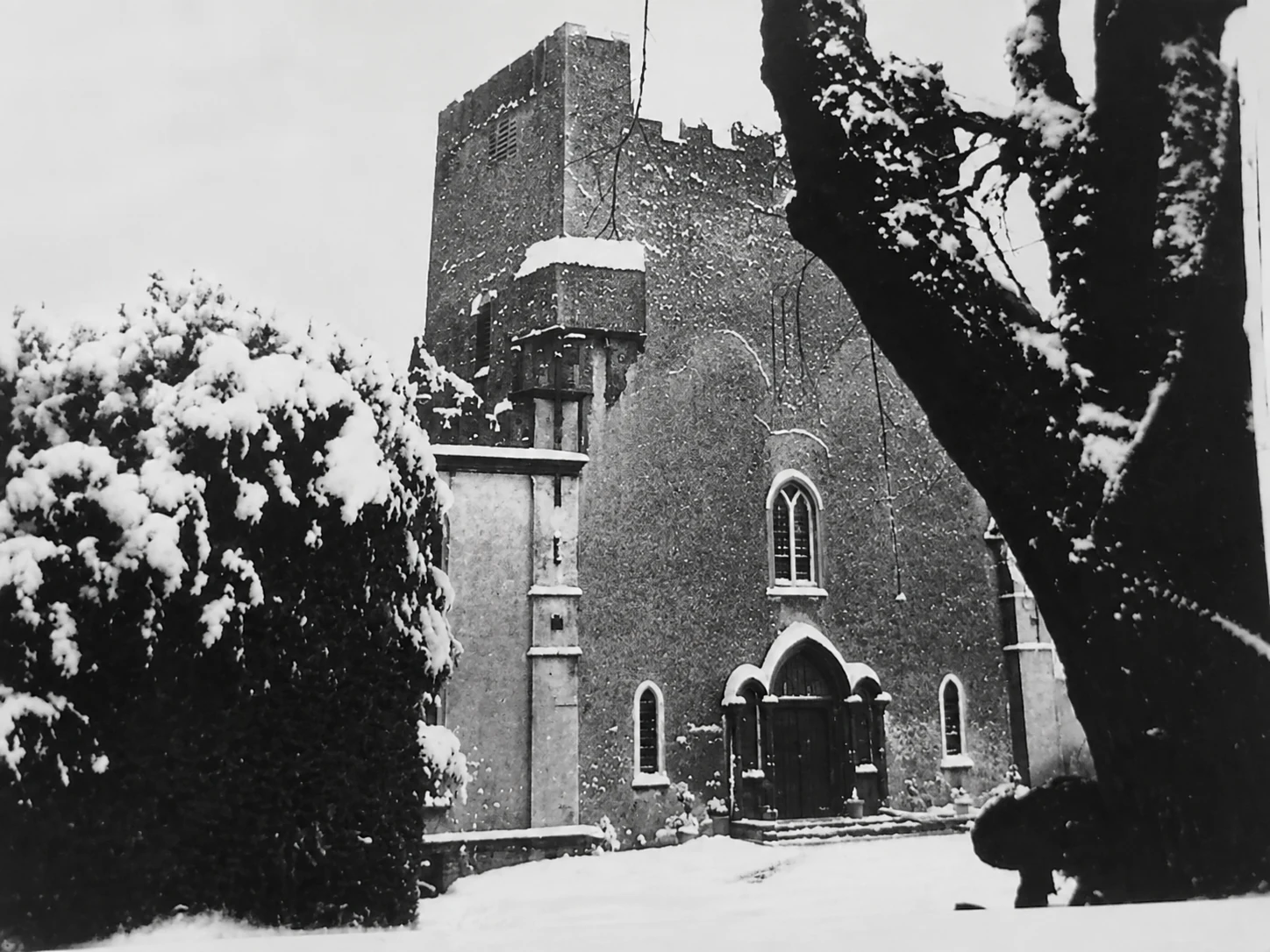 Historic winter view of Leap Castle entrance